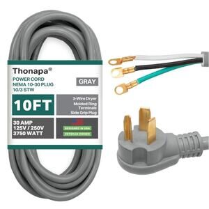 3 Prong Dryer Cord 10FT 30 Amp NEMA 10-30 Plug 10/3 STW Heavy Duty Gray–Open Box